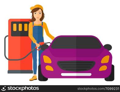 A woman filling up fuel into the car vector flat design illustration isolated on white background. Horizontal layout.. Woman filling up fuel into car.