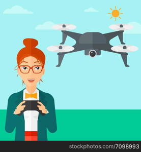 A woman flying drone with remote control on the background of blue sky vector flat design illustration. Square layout.. Woman flying drone.