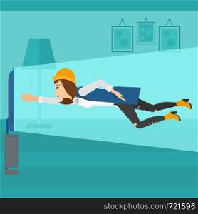 A woman flying in front of TV screen in living room vector flat design illustration. Square layout.. Woman suffering from TV addiction.