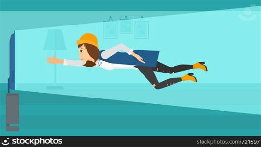 A woman flying in front of TV screen in living room vector flat design illustration. Horizontal layout.. Woman suffering from TV addiction.