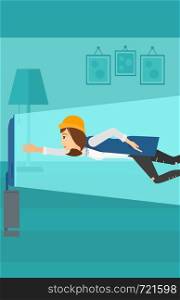 A woman flying in front of TV screen in living room vector flat design illustration. Square layout.. Woman suffering from TV addiction.