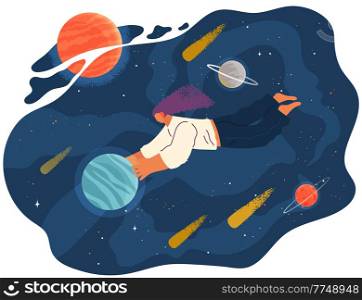 A woman flying in space vector flat illustration with planets and stars cartoon cosmic scene. Female character holding planet with dream universe. The girl flies in space. Abstract style people. A woman flying in space vector flat illustration with planets and stars cartoon cosmic scene