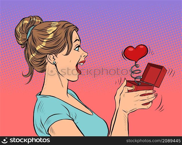 a woman girl looks at a red heart box valentine surprise greeting, love romance. Pop Art Retro Vector Illustration 50s 60s Vintage kitsch Style. a woman girl looks at a red heart box valentine surprise greeting, love romance