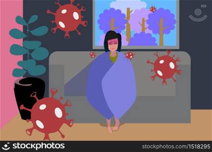 A woman has a fever. She is sitting under the blanket on the sofa.She is ill from corona virus and she has to separate herself from others.