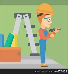 A woman hitting a nail in the wall with a hummer on a background of room with step-ladder vector flat design illustration. Square layout.. Constructor hammering nail.