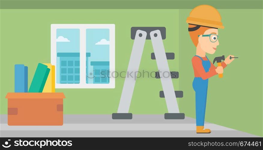 A woman hitting a nail in the wall with a hummer on a background of room with step-ladder vector flat design illustration. Horizontal layout.. Constructor hammering nail.