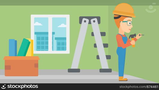 A woman hitting a nail in the wall with a hummer on a background of room with step-ladder vector flat design illustration. Horizontal layout.. Constructor hammering nail.