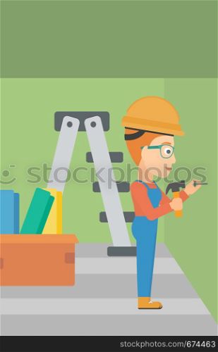 A woman hitting a nail in the wall with a hummer on a background of room with step-ladder vector flat design illustration. Vertical layout.. Constructor hammering nail.