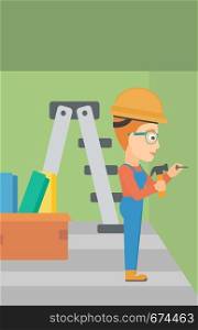 A woman hitting a nail in the wall with a hummer on a background of room with step-ladder vector flat design illustration. Vertical layout.. Constructor hammering nail.
