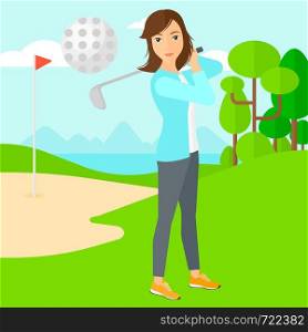 A woman hitting the ball on golf field vector flat design illustration. Square layout.. Golf player hitting the ball.