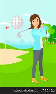 A woman hitting the ball on golf field vector flat design illustration. Vertical layout.. Golf player hitting the ball.