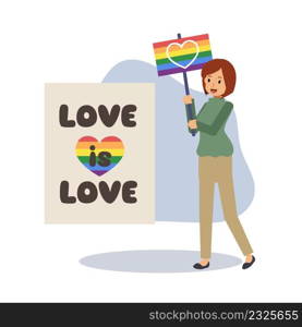 A woman hold signs with lgbt rainbow and transgender symbol,celebrate pride month ,human rights. Equality and homosexuality.Flat vector cartoon character illustration.