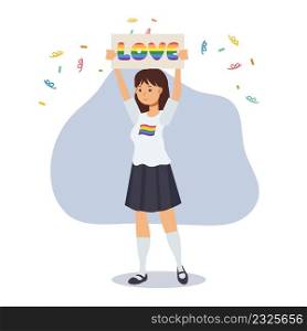 A woman hold signs with text love in rainbow color,symbol of transgender,celebrate pride month ,human rights. Equality and homosexuality.Flat vector cartoon character illustration.