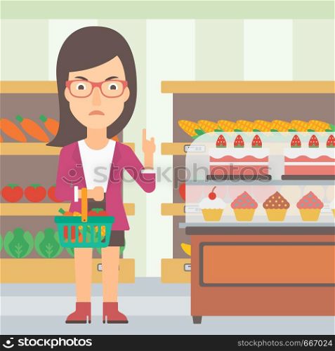A woman holding a basket full of healthy food and refusing junk food on a supermarket background vector flat design illustration. Square layout.. Woman holding supermarket basket.