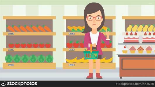 A woman holding a basket full of healthy food and refusing junk food on a supermarket background vector flat design illustration. Horizontal layout.. Woman holding supermarket basket.