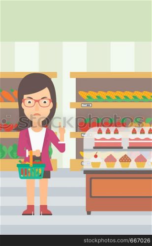 A woman holding a basket full of healthy food and refusing junk food on a supermarket background vector flat design illustration. Vertical layout.. Woman holding supermarket basket.