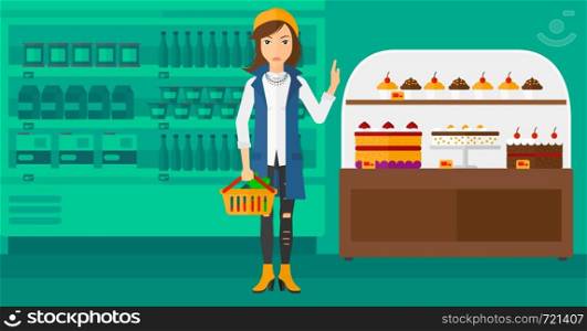 A woman holding a basket full of healthy food and refusing junk food on a supermarket background vector flat design illustration. Horizontal layout.. Woman holding supermarket basket.
