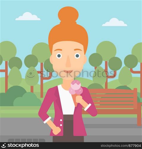 A woman holding a big icecream in hand on a park background vector flat design illustration. Square layout.. Woman holding icecream.
