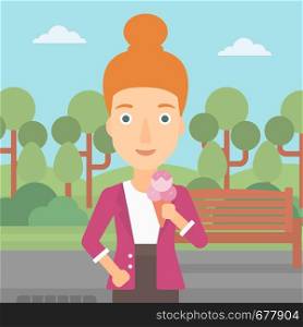 A woman holding a big icecream in hand on a park background vector flat design illustration. Square layout.. Woman holding icecream.