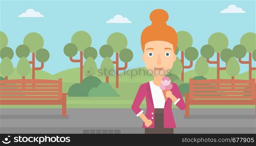 A woman holding a big icecream in hand on a park background vector flat design illustration. Horizontal layout.. Woman holding icecream.