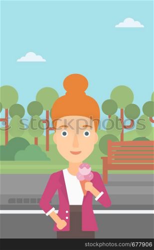 A woman holding a big icecream in hand on a park background vector flat design illustration. Vertical layout.. Woman holding icecream.