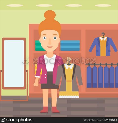 A woman holding a hanger with dress and jacket on the background of clothes store vector flat design illustration. Square layout.. Woman holding dress with jacket.