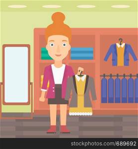 A woman holding a hanger with dress and jacket on the background of clothes store vector flat design illustration. Square layout.. Woman holding dress with jacket.