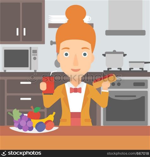 A woman holding a hotdog in one hand and soda in another on a kitchen background vector flat design illustration. Square layout.. Woman with fast food.