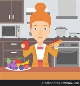 A woman holding a hotdog in one hand and soda in another on a kitchen background vector flat design illustration. Square layout.. Woman with fast food.