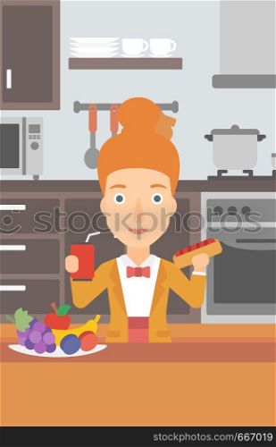 A woman holding a hotdog in one hand and soda in another on a kitchen background vector flat design illustration. Vertical layout.. Woman with fast food.