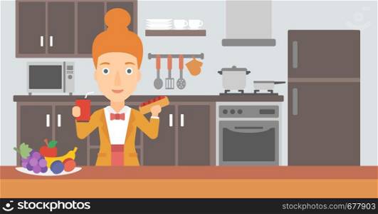 A woman holding a hotdog in one hand and soda in another on a kitchen background vector flat design illustration. Horizontal layout.. Woman with fast food.