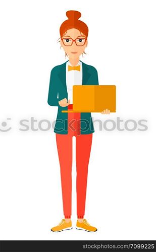 A woman holding a laptop in hands vector flat design illustration isolated on white background. Vertical layout.. Woman using laptop.
