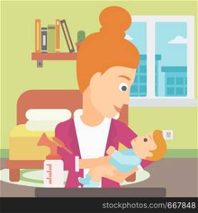 A woman holding a newborn baby and a breast pump standing on the table in front of her on the background of living room vector flat design illustration. Square layout.. Woman with breast pump.