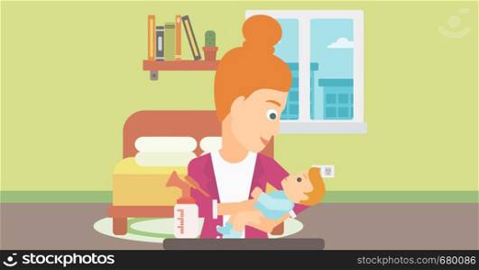 A woman holding a newborn baby and a breast pump standing on the table in front of her on the background of living room vector flat design illustration. Horizontal layout.. Woman with breast pump.