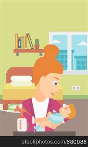 A woman holding a newborn baby and a breast pump standing on the table in front of her on the background of living room vector flat design illustration. Vertical layout.. Woman with breast pump.