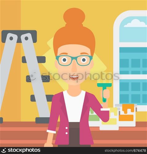 A woman holding a paint brush on a background of room with paint cans and ladder vector flat design illustration. Square layout.. Painter with paint brush.