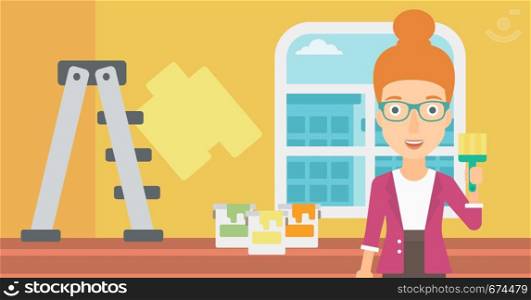 A woman holding a paint brush on a background of room with paint cans and ladder vector flat design illustration. Horizontal layout.. Painter with paint brush.