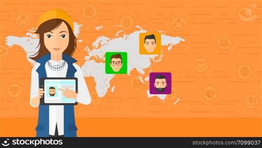 A woman holding a tablet computer and avatars on the map behind her on an orange background with business icons vector flat design illustration. Horizontal layout.. Woman holding tablet computer with social media source.