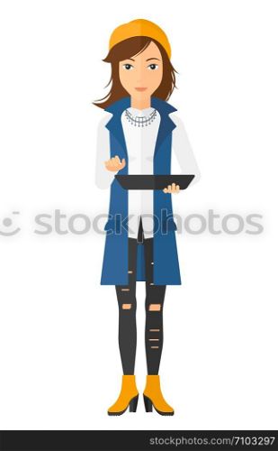 A woman holding a tablet in hands vector flat design illustration isolated on white background. Vertical layout.. Woman using tablet.