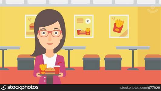 A woman holding a tray full of junk food on a cafe background vector flat design illustration. Horizontal layout.. Woman with fast food.