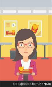 A woman holding a tray full of junk food on a cafe background vector flat design illustration. Vertical layout.. Woman with fast food.