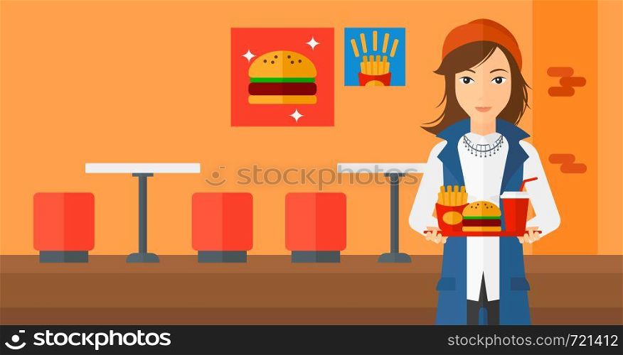 A woman holding a tray full of junk food on a cafe background vector flat design illustration. Horizontal layout.. Woman with fast food.