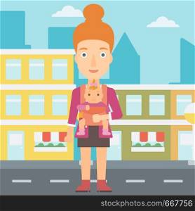 A woman holding baby in sling on the background of modern city vector flat design illustration. Square layout.. Woman holding baby in sling.