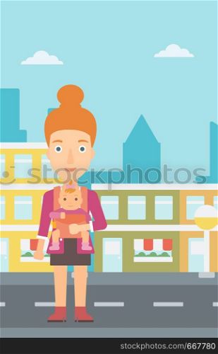 A woman holding baby in sling on the background of modern city vector flat design illustration. Vertical layout.. Woman holding baby in sling.