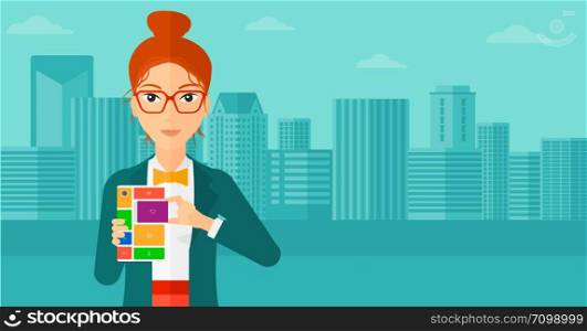 A woman holding modular phone on a city background vector flat design illustration. Horizontal layout.. Woman with modular phone.