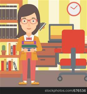 A woman holding pile of books on the background of room vector flat design illustration. Square layout.. Woman holding pile of books.