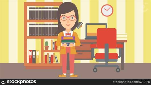 A woman holding pile of books on the background of room vector flat design illustration. Horizontal layout.. Woman holding pile of books.