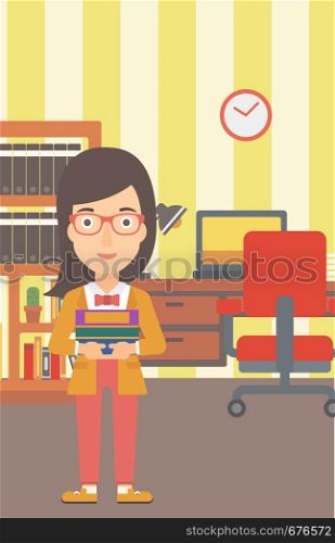 A woman holding pile of books on the background of room vector flat design illustration. Vertical layout.. Woman holding pile of books.