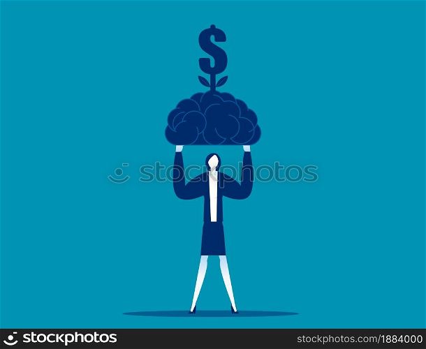 A woman holding the brain with money growing over the head