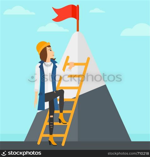 A woman holding the ladder to get the red flag on the top of mountain on the background of blue sky vector flat design illustration. Square layout.. Woman climbing on mountain.